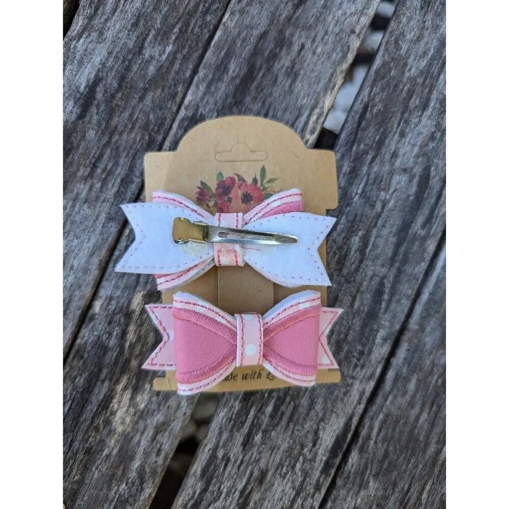 2 embroidered vinyl pink hair bow barrettes brand new